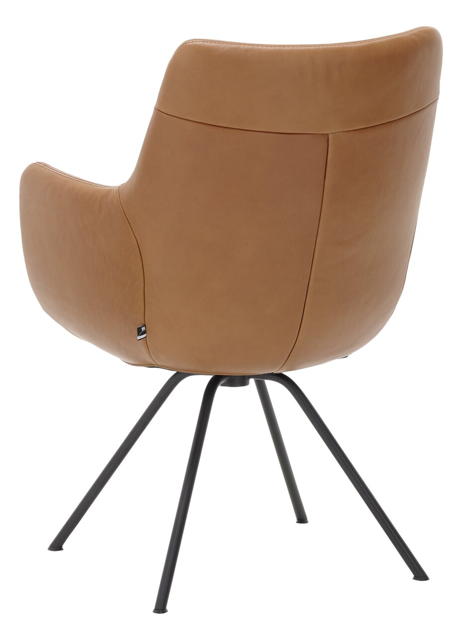 WK-Wohnen Sessel WK 722 Rückansicht eines modernen Sessels mit braunem Lederbezug und schwarzen Metallbeinen.