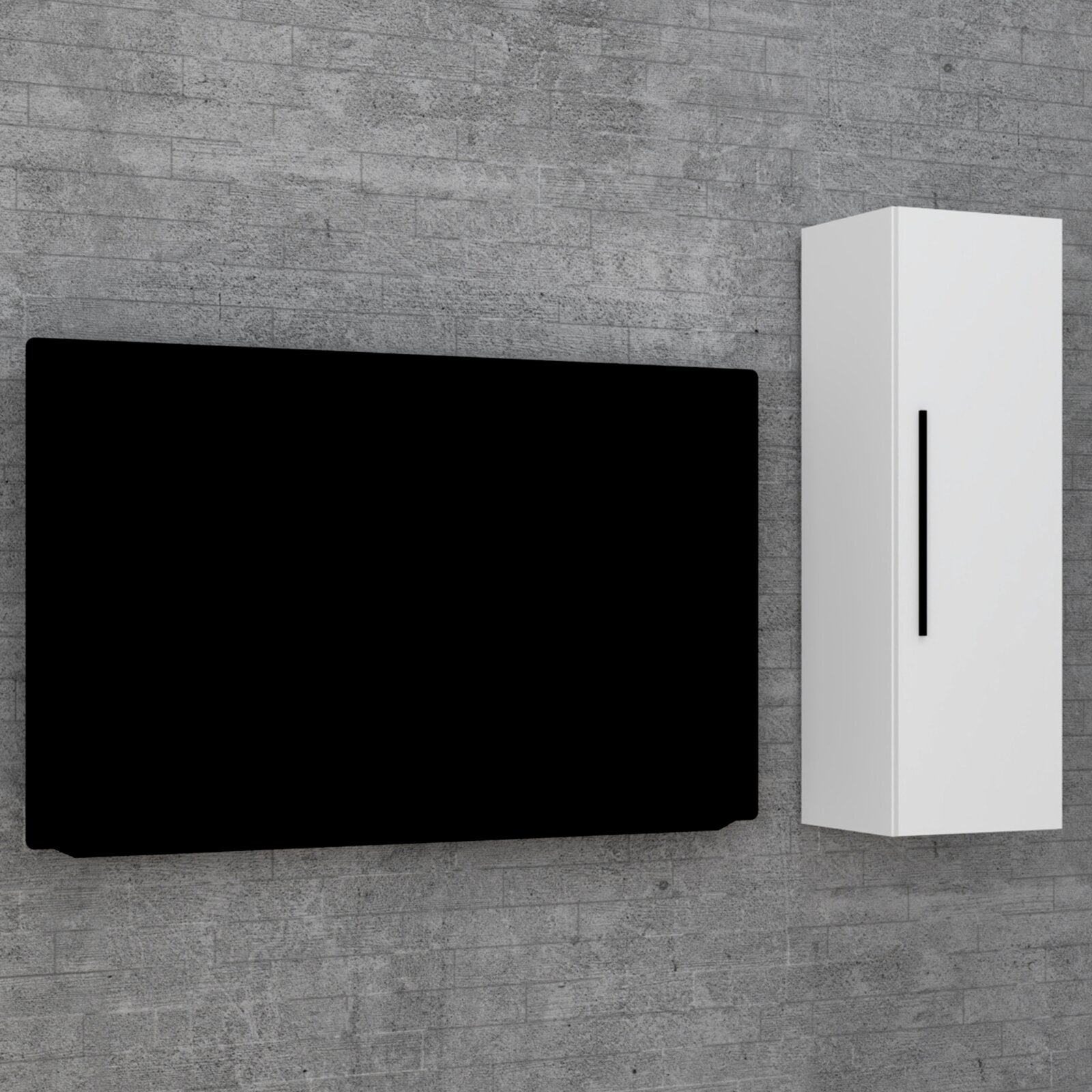 Minimalistische Wandansicht: großes schwarzes, rechteckiges Paneel links und weißer, hochformatiger Wandschrank mit schwarzem Griff rechts vor grauer Betonwand, perspektivisch leicht von vorne
