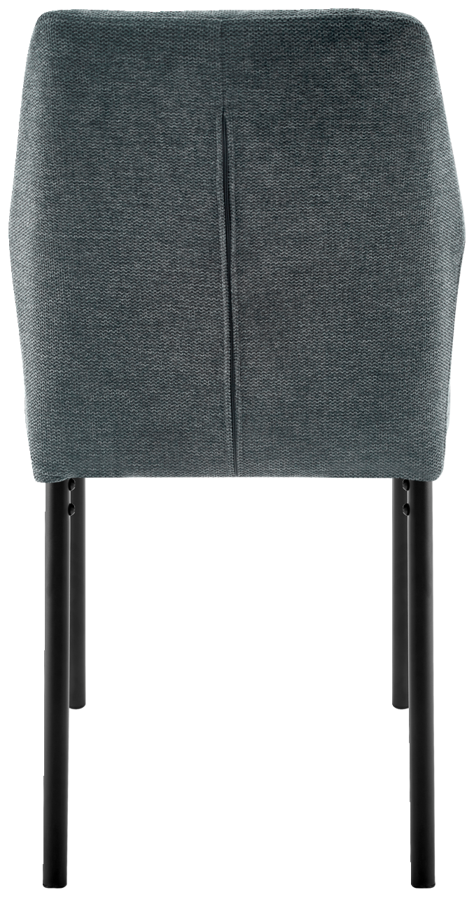 Rückansicht eines modernen Stuhls mit grauem Stoffbezug und schwarzen Metallbeinen.
