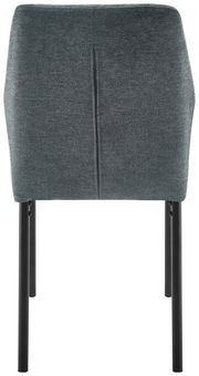 Rückansicht eines modernen Stuhls mit grauem Stoffbezug und schwarzen Metallbeinen.