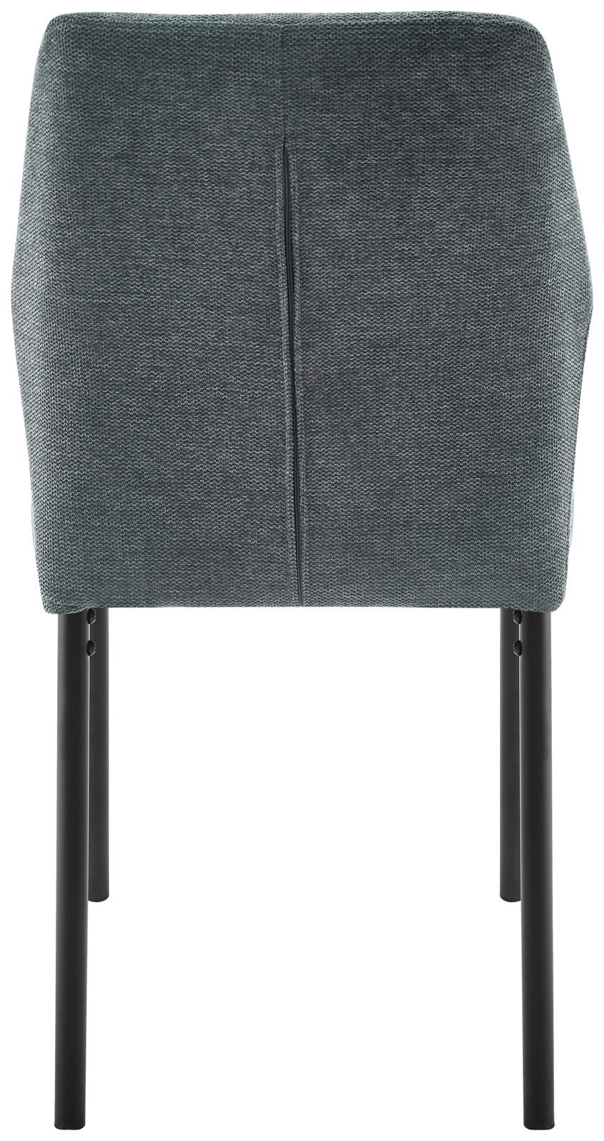 Rückansicht eines modernen Stuhls mit grauem Stoffbezug und schwarzen Metallbeinen.