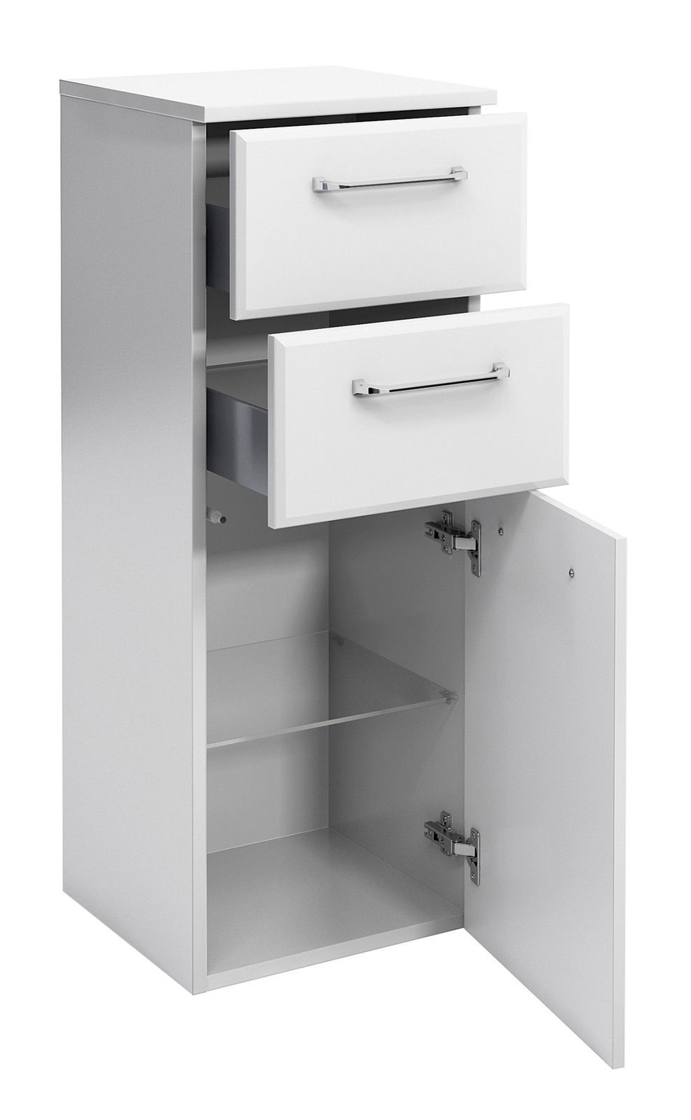 Weißes Highboard mit zwei offenen Schubladen und einer geöffneten Tür, seitliche Perspektive