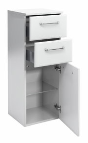 Weißes Highboard mit zwei offenen Schubladen und einer geöffneten Tür, seitliche Perspektive