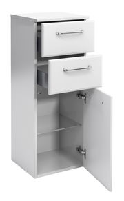 Weißes Highboard mit zwei offenen Schubladen und einer geöffneten Tür, seitliche Perspektive