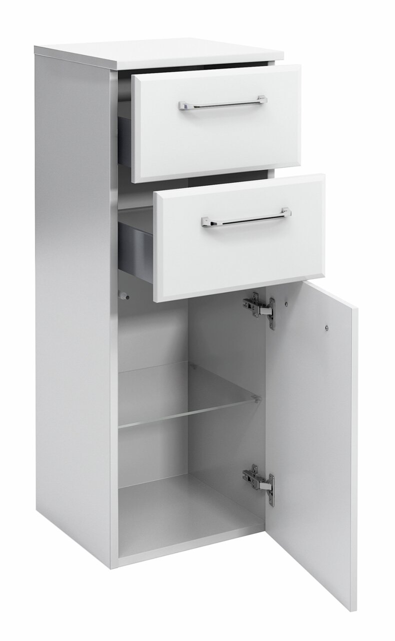 Weißes Highboard mit zwei offenen Schubladen und einer geöffneten Tür, seitliche Perspektive