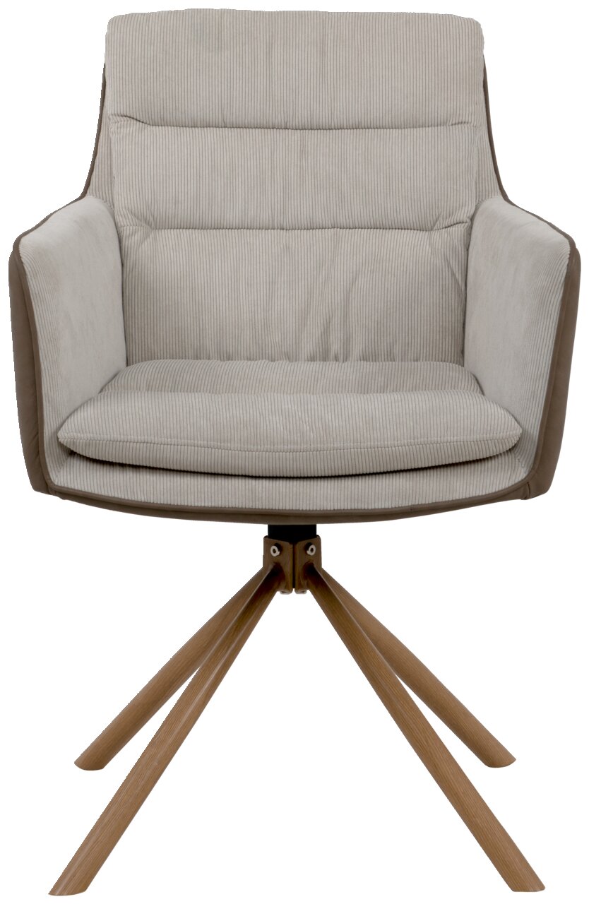 Frontansicht eines modernen Armlehnstuhls mit hellgrauem Stoffbezug und Holzbeinen.
