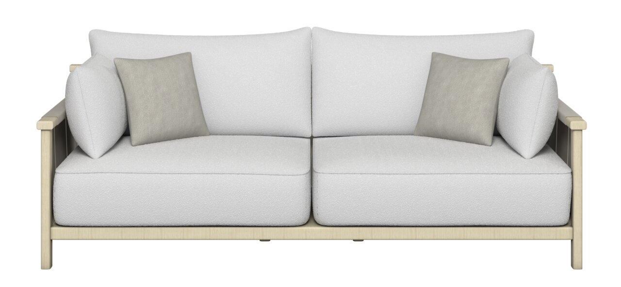 Frontale Ansicht eines modernen, zweisitzigen Loungesofas mit hellen Kissen und Holzrahmen.