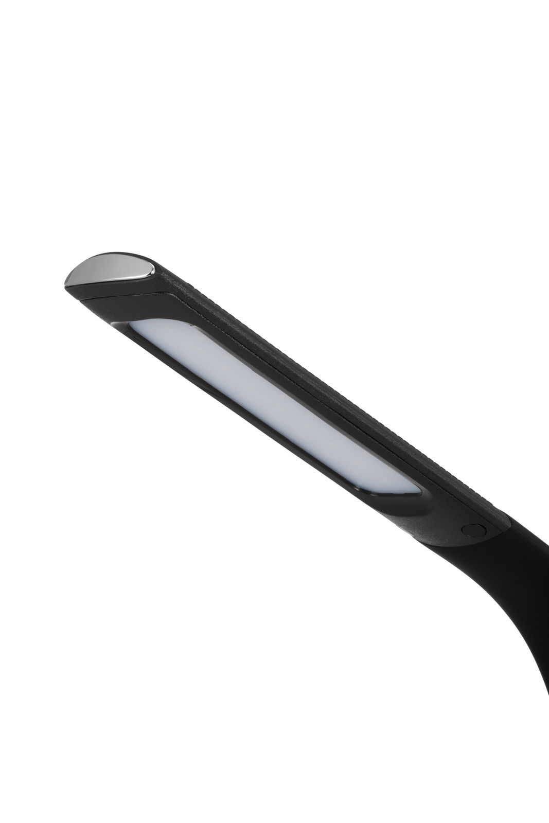LED-Schreibtischleuchte in seitlicher Perspektive, modernes Design mit schlankem, schwarzem Arm und rechteckigem Leuchtkopf.