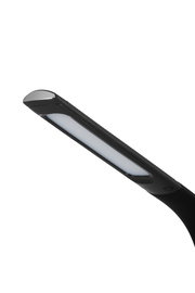 LED-Schreibtischleuchte in seitlicher Perspektive, modernes Design mit schlankem, schwarzem Arm und rechteckigem Leuchtkopf.