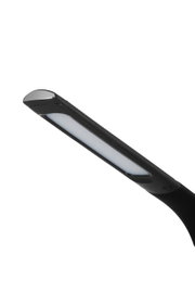 LED-Schreibtischleuchte in seitlicher Perspektive, modernes Design mit schlankem, schwarzem Arm und rechteckigem Leuchtkopf.