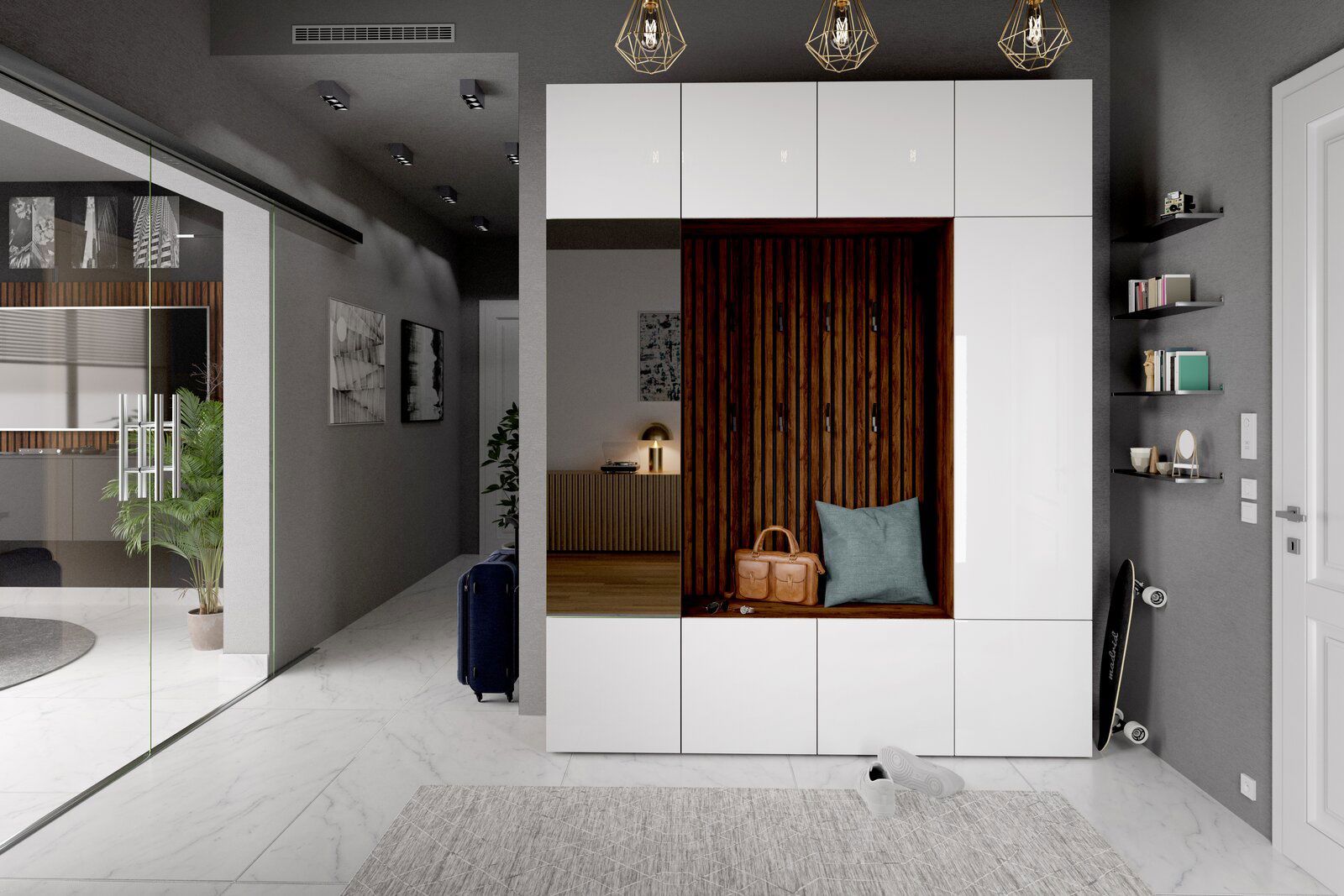 Moderner Eingangsbereich mit einem weißen Dekopaneel 4er-Set, das eine Sitznische mit Holzwandverkleidung und Stauraum bietet. Perspektive von vorne.