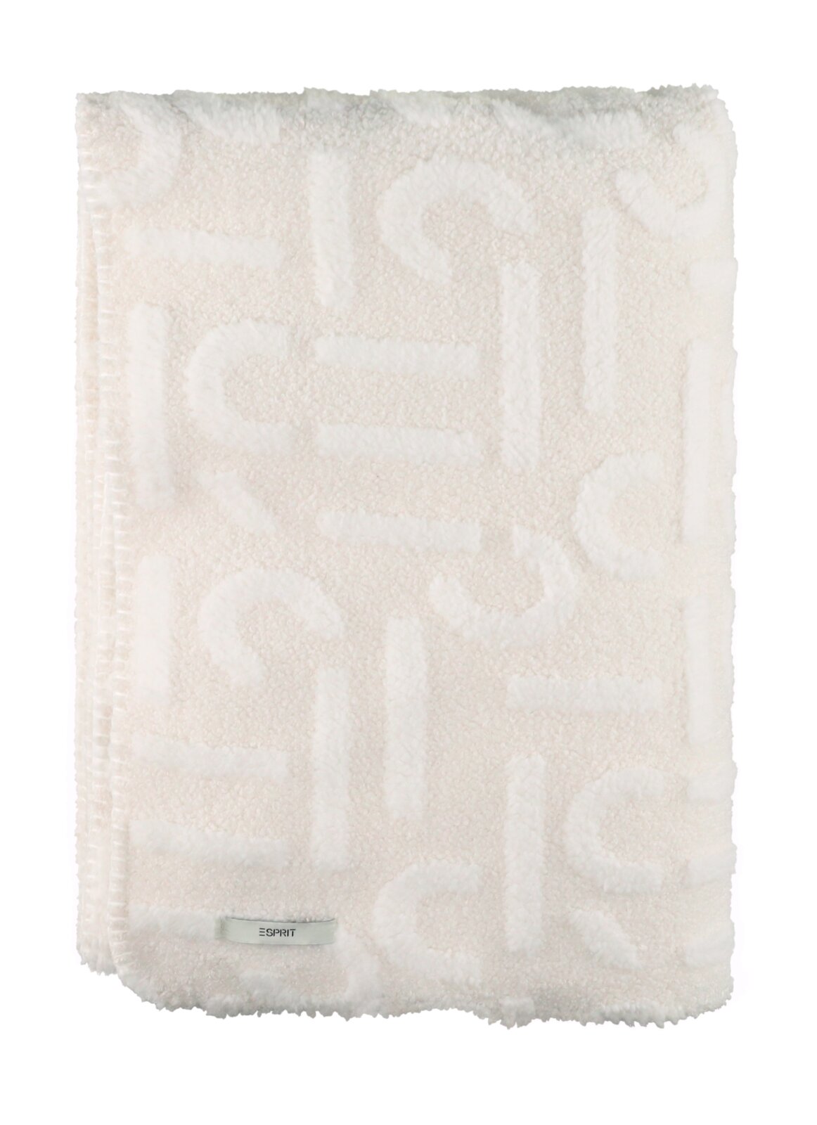 Weiße, flauschige Esprit-Decke aus Teddy-/Sherpa-Material mit eingeprägtem Muster und kleinem Logo-Label, frontal von oben auf weißem Hintergrund fotografiert