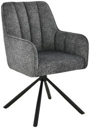 Grauer Armlehnstuhl mit gepolstertem Sitz und Rückenlehne, auf schwarzem Metallgestell, seitliche Perspektive