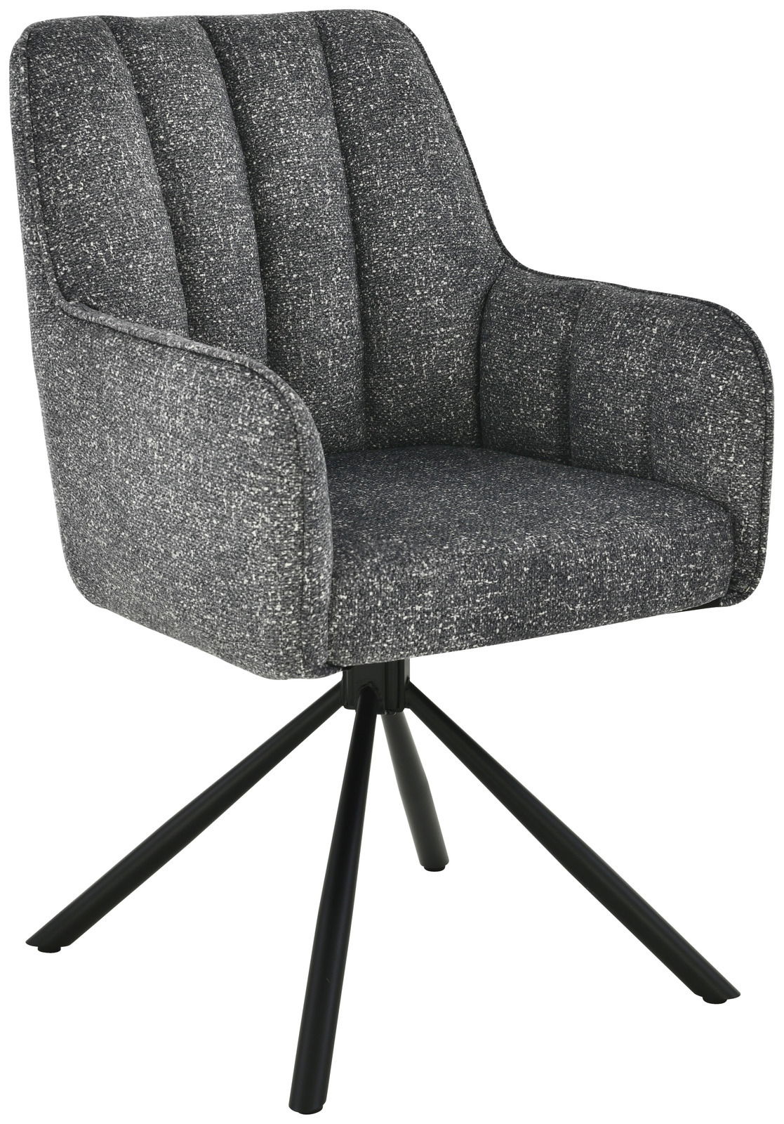 Grauer Armlehnstuhl mit gepolstertem Sitz und Rückenlehne, auf schwarzem Metallgestell, seitliche Perspektive