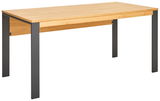 Moderner Schreibtisch mit Holzplatte und schwarzen Metallbeinen, seitliche Perspektive