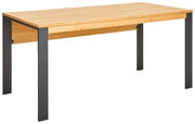 Moderner Schreibtisch mit Holzplatte und schwarzen Metallbeinen, seitliche Perspektive