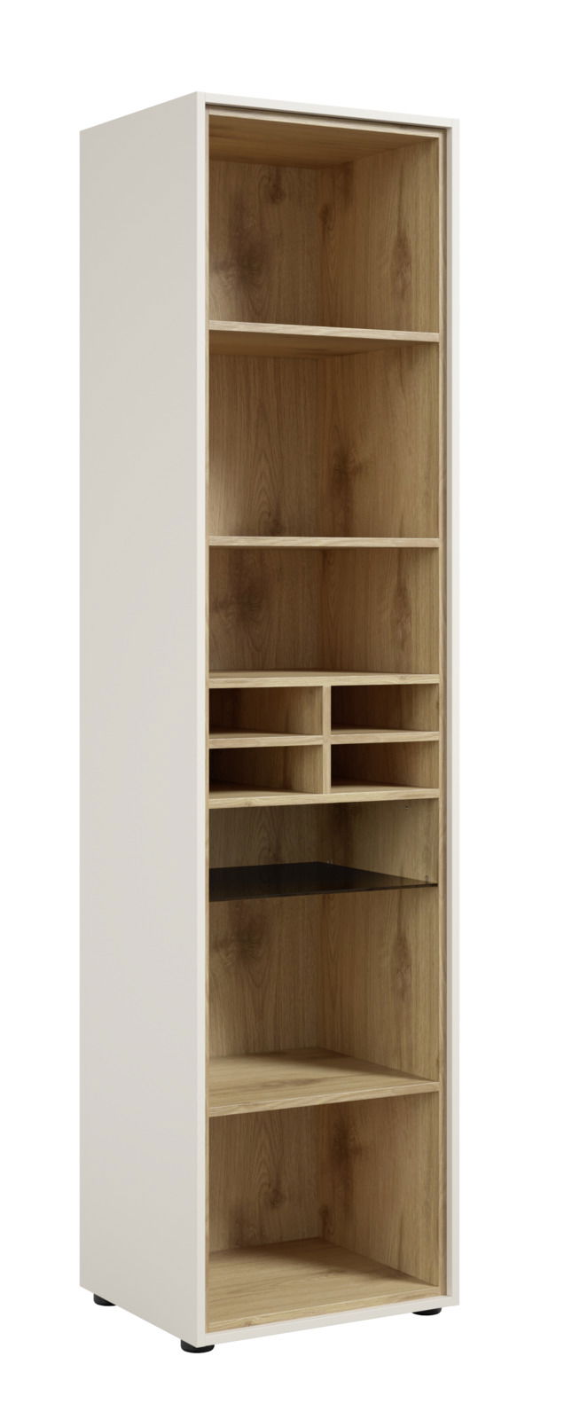 Hohes Aktenregal mit mehreren Fächern, aus hellem Holz mit weißem Rahmen, seitliche Perspektive