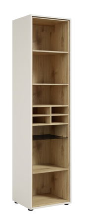 Hohes Aktenregal mit mehreren Fächern, aus hellem Holz mit weißem Rahmen, seitliche Perspektive