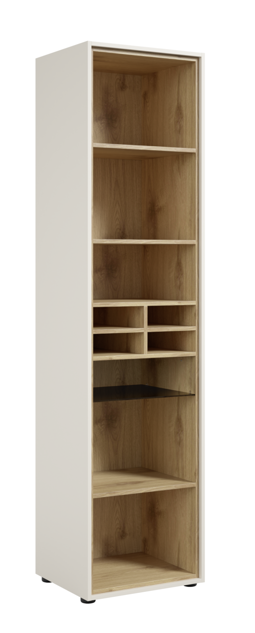 Novel Aktenregal FLORIDA Hohes Aktenregal mit mehreren Fächern, aus hellem Holz mit weißem Rahmen, seitliche Perspektive