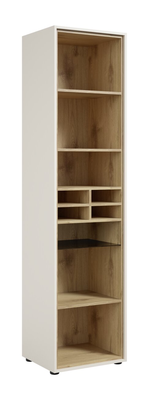 Novel Aktenregal FLORIDA Hohes Aktenregal mit mehreren Fächern, aus hellem Holz mit weißem Rahmen, seitliche Perspektive