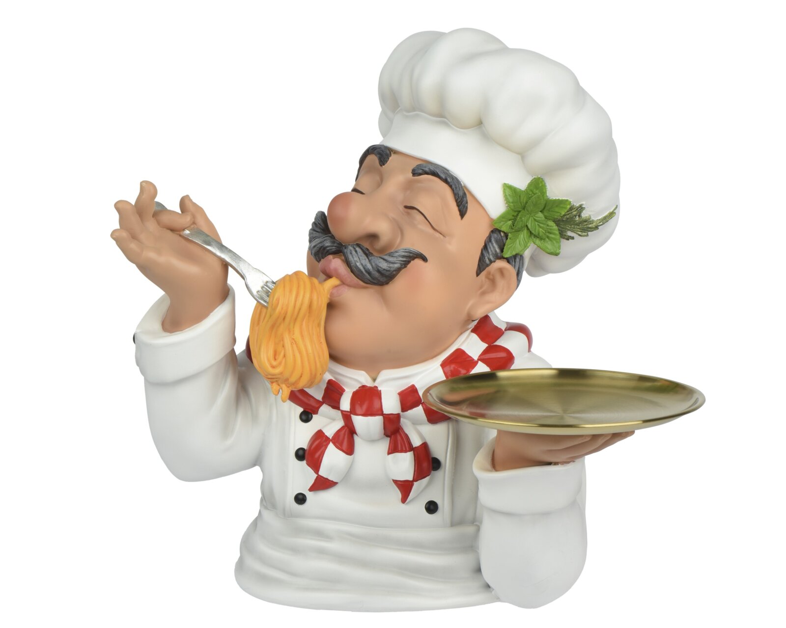 Decoris Figur 37cm Detailaufnahme aus leicht seitlicher Vorderansicht: lustige Koch-Figur mit weißer Kochmütze, rotem Halstuch und Schnurrbart, die Spaghetti von einer Gabel isst und einen goldenen Teller hält