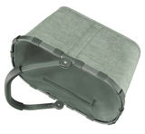 Grüner Einkaufskorb mit stabilem Rahmen und Tragegriff, von unten betrachtet.