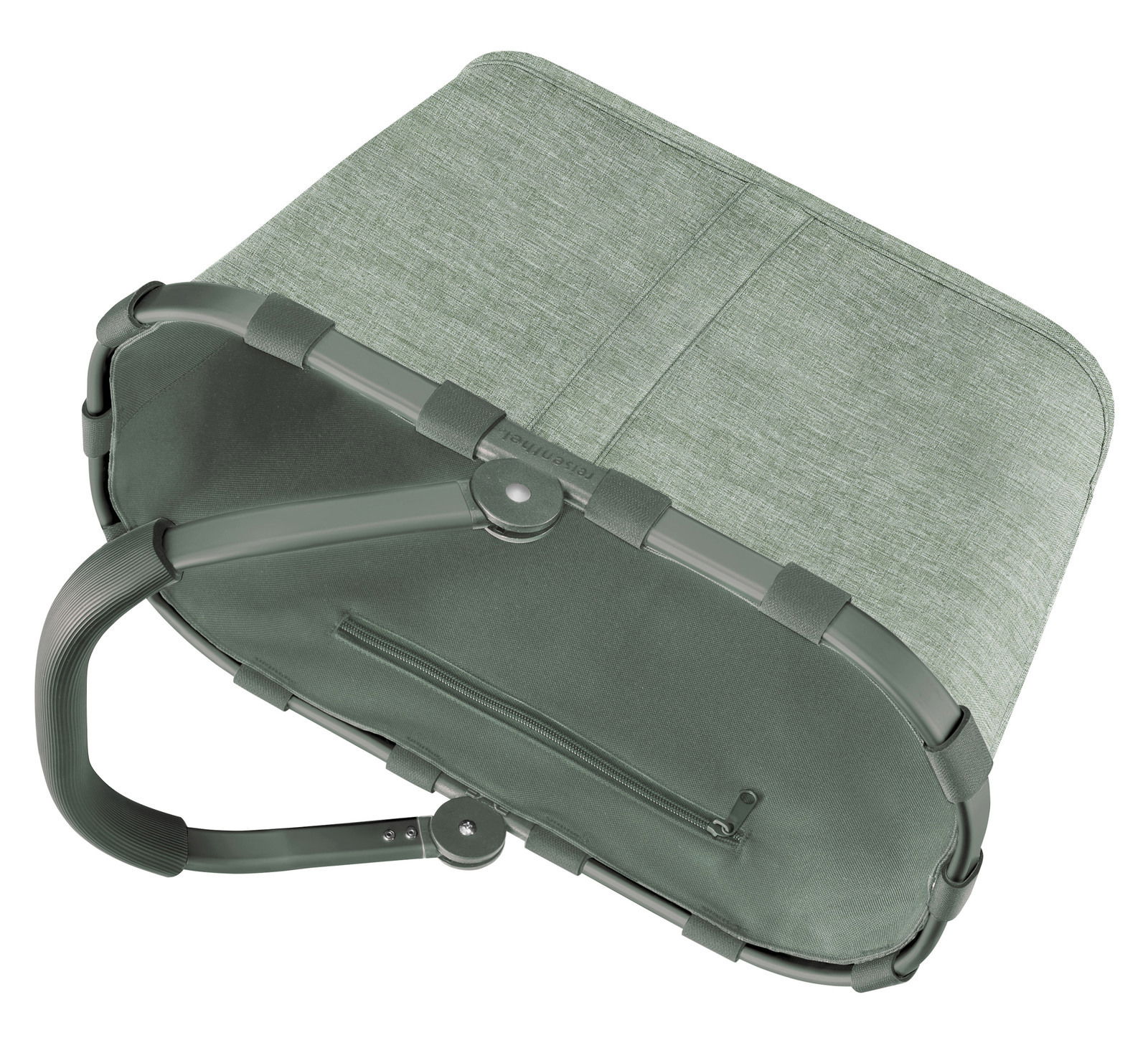 Grüner Einkaufskorb mit stabilem Rahmen und Tragegriff, von unten betrachtet.