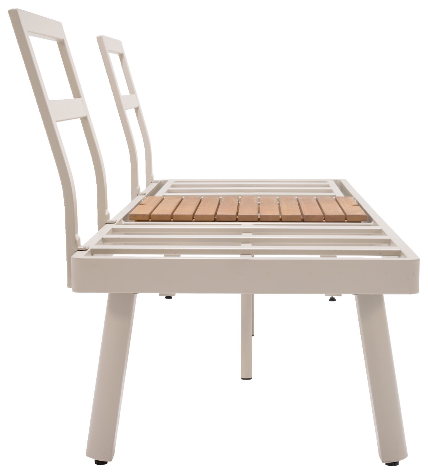 Seitliche Ansicht einer weißen Lounge-Kombination mit Holzlatten-Sitzfläche.