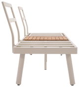 Seitliche Ansicht einer weißen Lounge-Kombination mit Holzlatten-Sitzfläche.