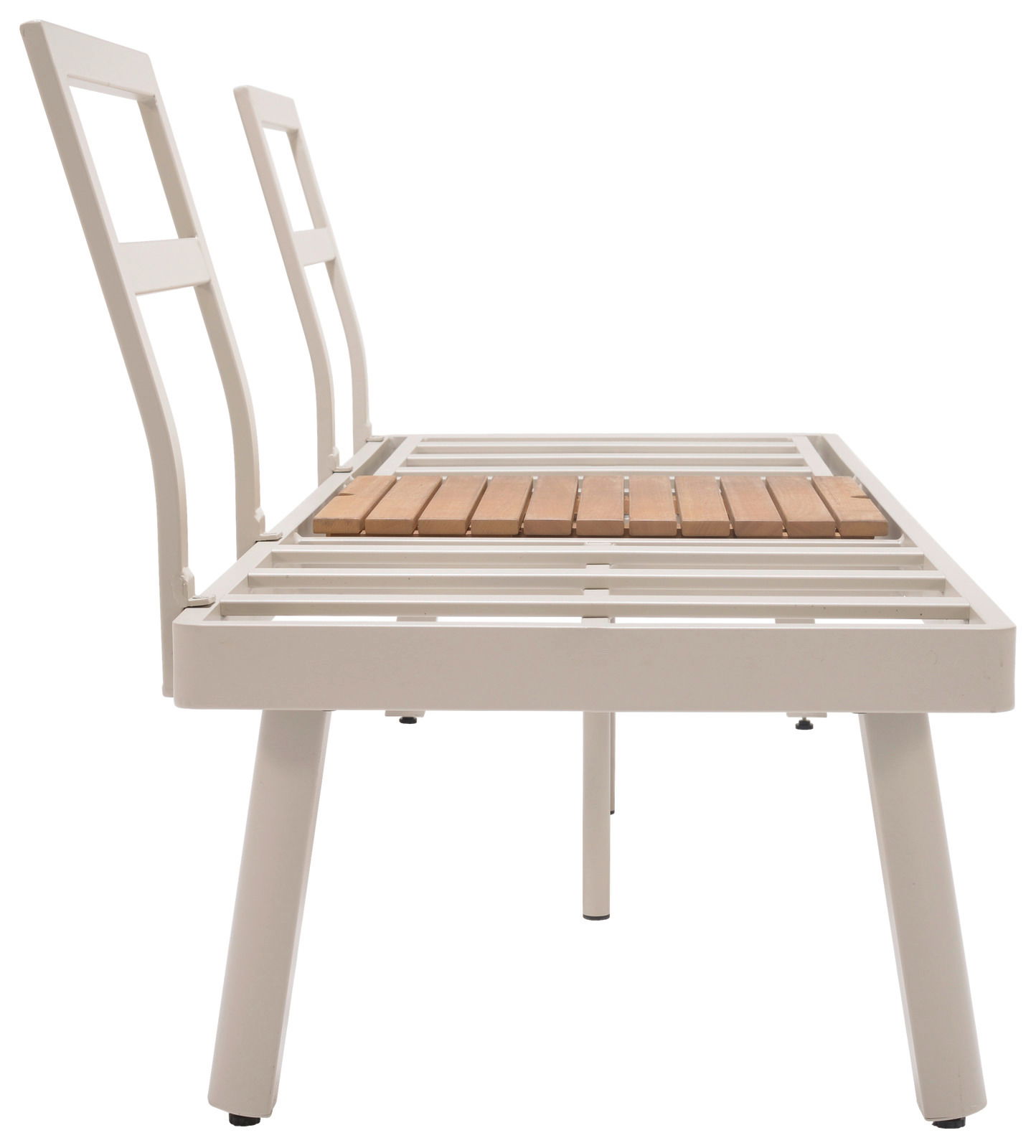 Seitliche Ansicht einer weißen Lounge-Kombination mit Holzlatten-Sitzfläche.