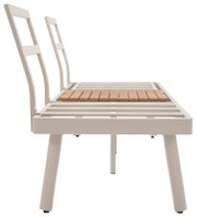Seitliche Ansicht einer weißen Lounge-Kombination mit Holzlatten-Sitzfläche.
