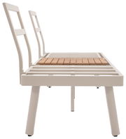 Seitliche Ansicht einer weißen Lounge-Kombination mit Holzlatten-Sitzfläche.