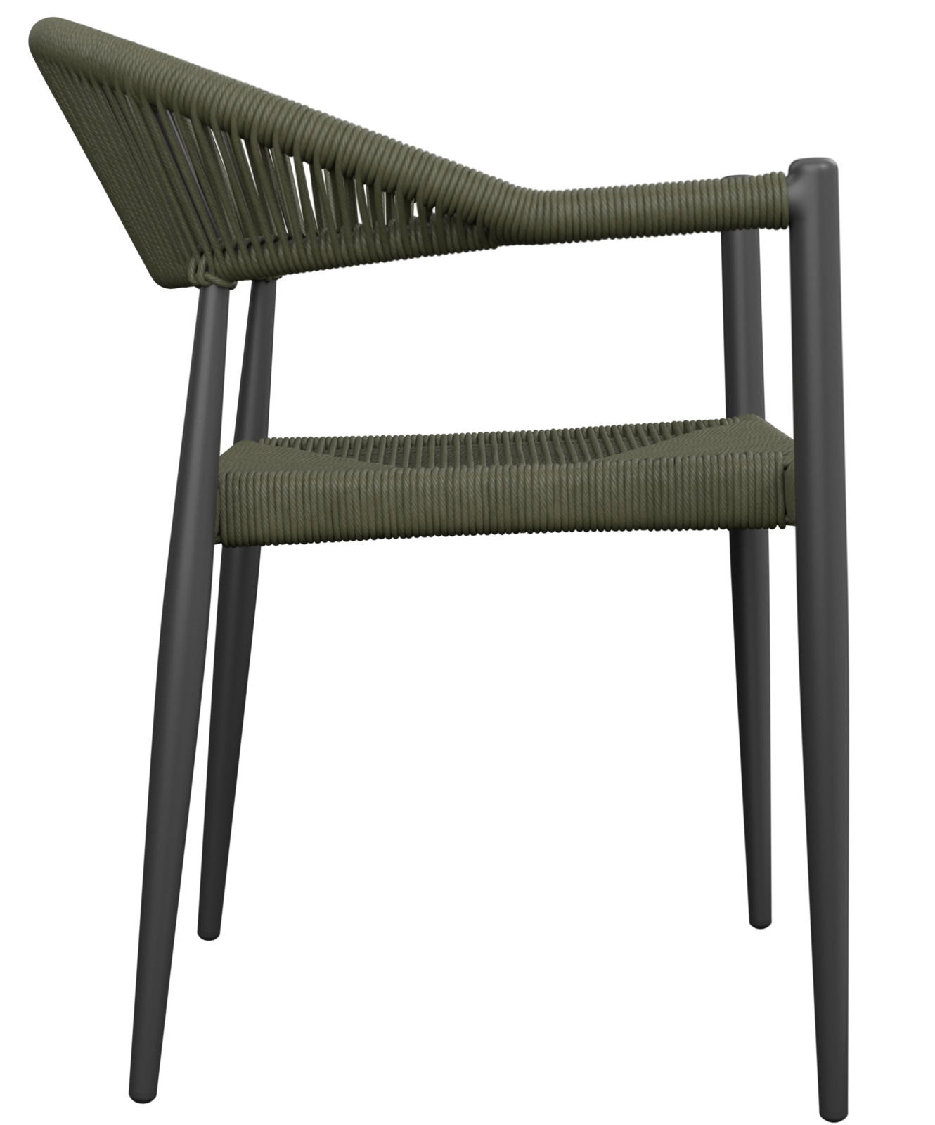 Seitenansicht eines modernen Stapelsessels mit dunkelgrüner Seilbespannung und schwarzen Metallbeinen.
