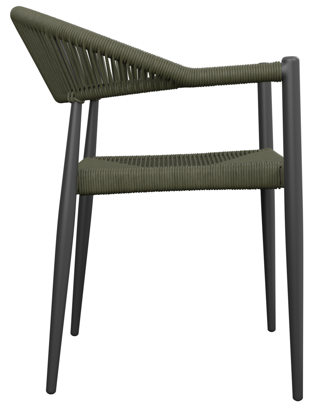 Seitenansicht eines modernen Stapelsessels mit dunkelgrüner Seilbespannung und schwarzen Metallbeinen.