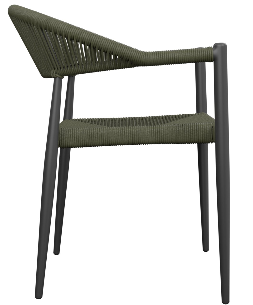Seitenansicht eines modernen Stapelsessels mit dunkelgrüner Seilbespannung und schwarzen Metallbeinen.