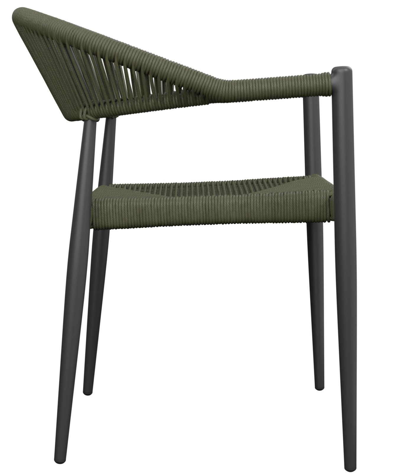 Zijaanzicht van een moderne stapelstoel met donkergroene touwbekleding en zwarte metalen poten.