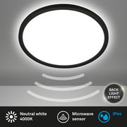 Runde LED-Deckenleuchte mit Bewegungssensor, neutralweißes Licht 4000K, IP44, Rücklichteffekt, Ansicht von unten.