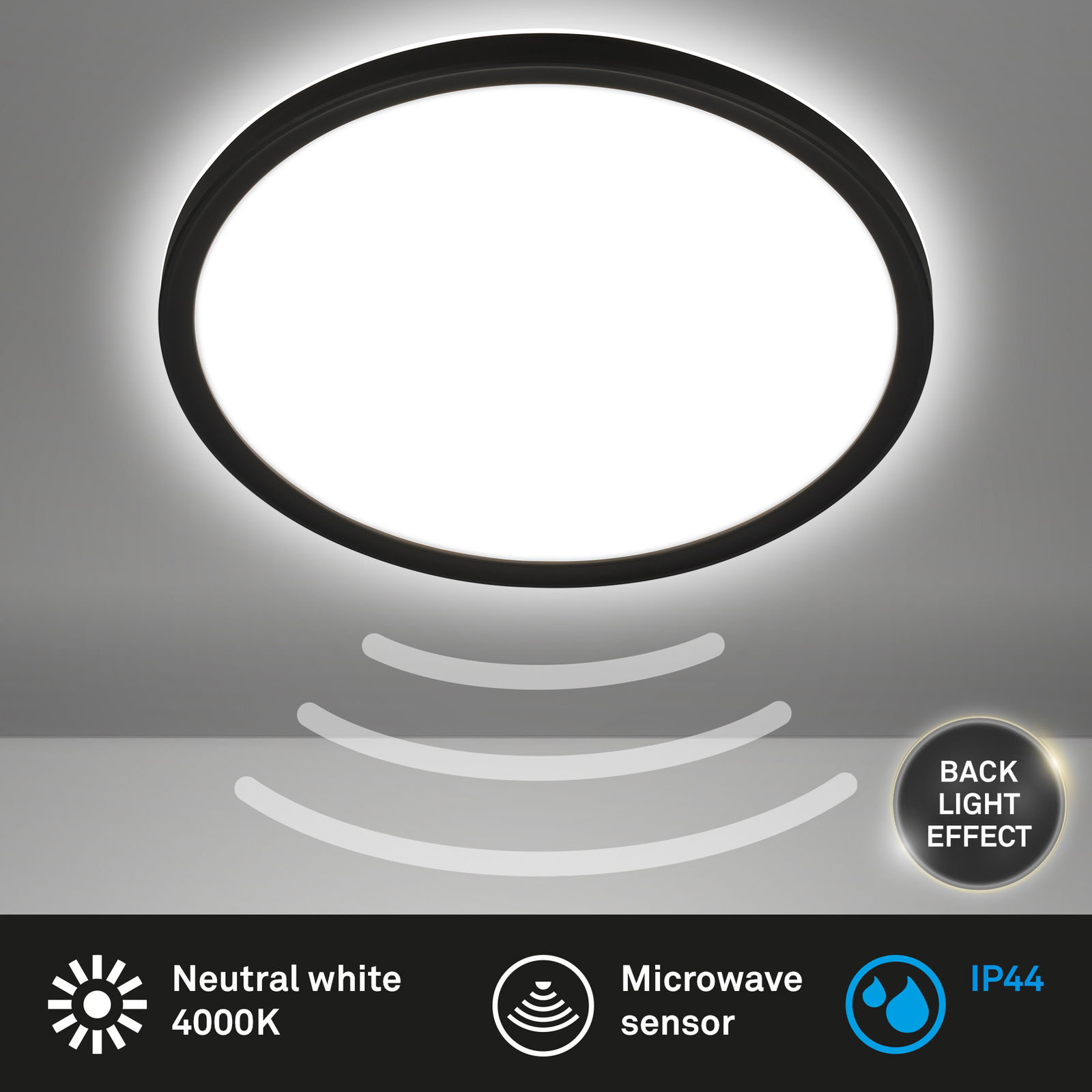 Runde LED-Deckenleuchte mit Bewegungssensor, neutralweißes Licht 4000K, IP44, Rücklichteffekt, Ansicht von unten.