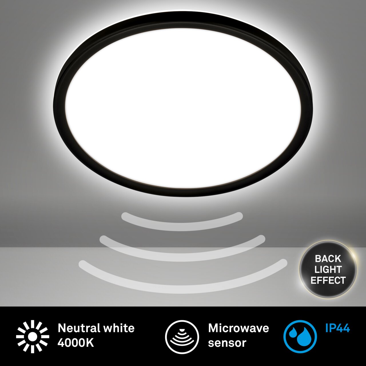 Runde LED-Deckenleuchte mit Bewegungssensor, neutralweißes Licht 4000K, IP44, Rücklichteffekt, Ansicht von unten.