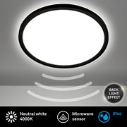 Runde LED-Deckenleuchte mit Bewegungssensor, neutralweißes Licht 4000K, IP44, Rücklichteffekt, Ansicht von unten.