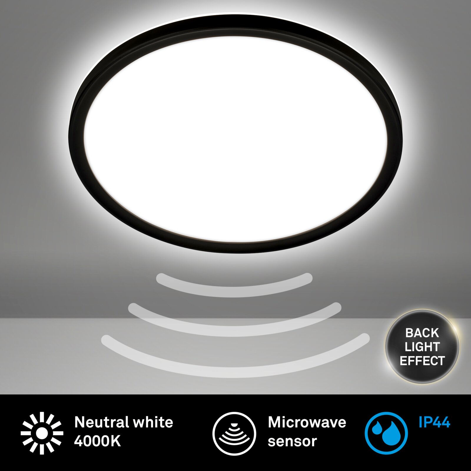 Ronde led-plafondlamp met bewegingssensor, neutraal wit licht 4000 K, IP44, achtergrondverlichtingseffect, gezien van onderaf.