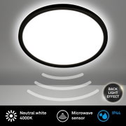Ronde led-plafondlamp met bewegingssensor, neutraal wit licht 4000 K, IP44, achtergrondverlichtingseffect, gezien van onderaf.