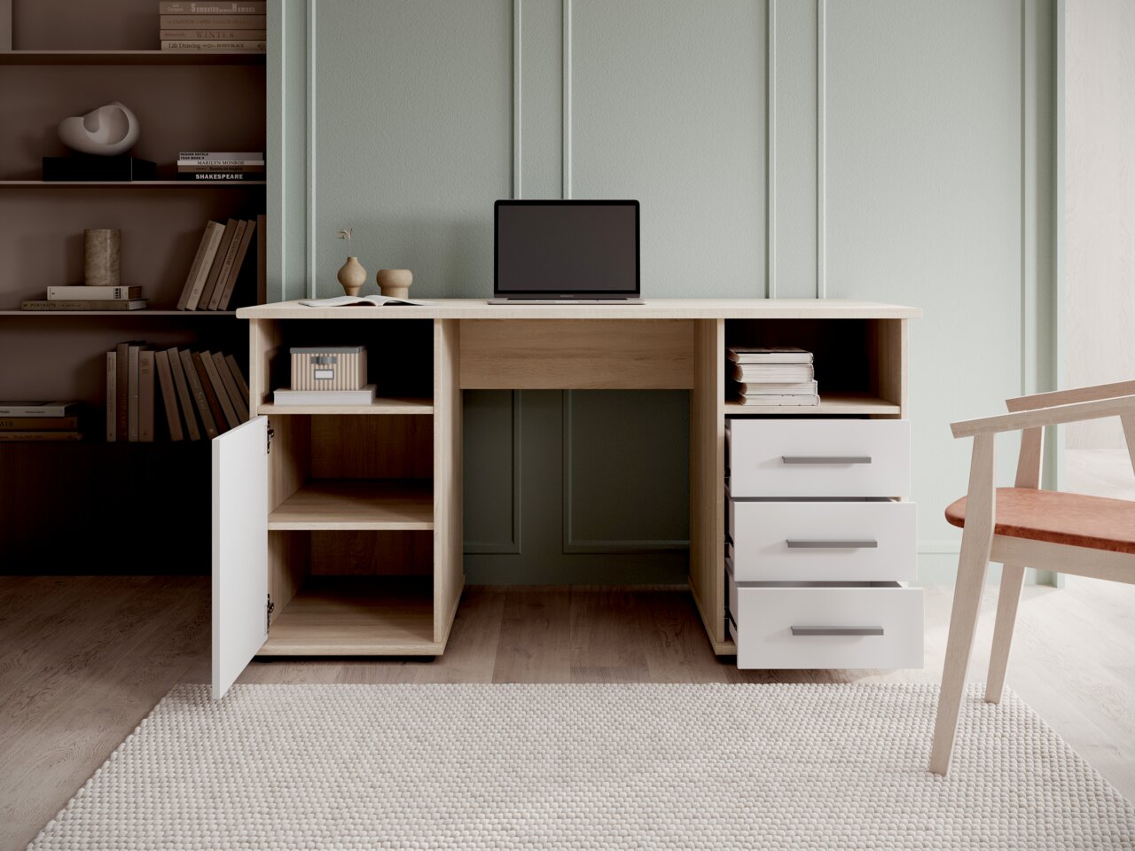 Moderner Schreibtisch mit Holzoptik, offenen Regalfächern und Schubladen, frontal fotografiert.