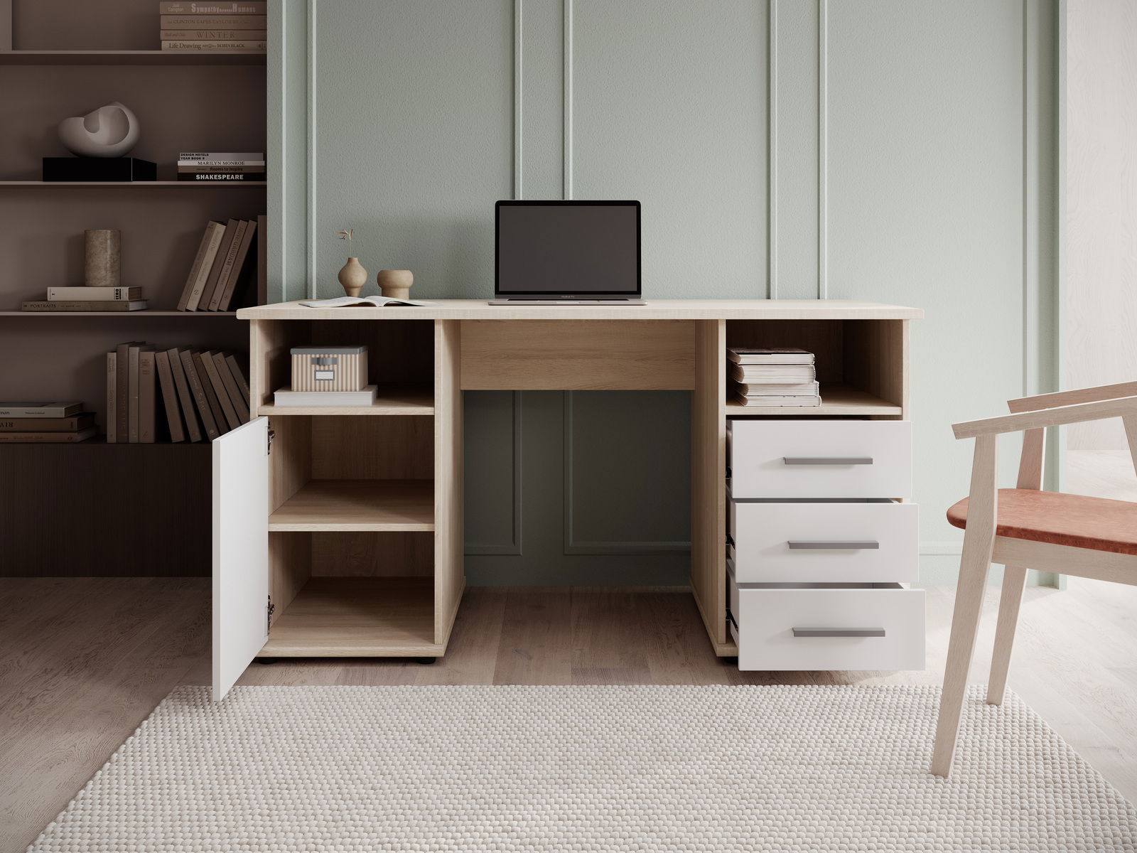 Moderner Schreibtisch mit Holzoptik, offenen Regalfächern und Schubladen, frontal fotografiert.