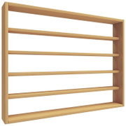 Holz-Wandregal mit mehreren schmalen Ablagen und seitlichen Wangen, in heller Holzoptik, freigestellt auf weißem Hintergrund, Perspektive: schräg von vorne (3/4-Ansicht)
