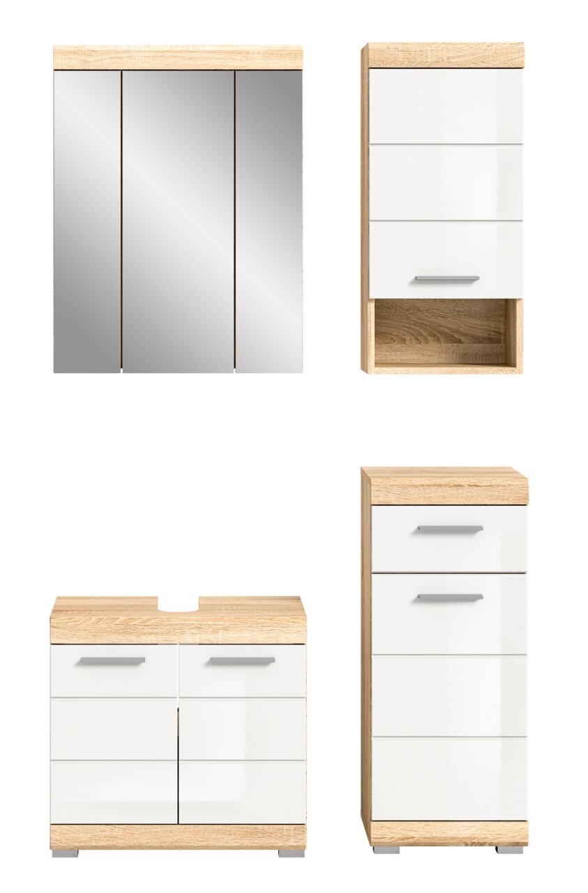 Badezimmermöbel-Set in Holzoptik mit weißen Fronten, bestehend aus einem Spiegelschrank, einem Hochschrank, einem Waschbeckenunterschrank und einem Midischrank, frontal abgebildet.
