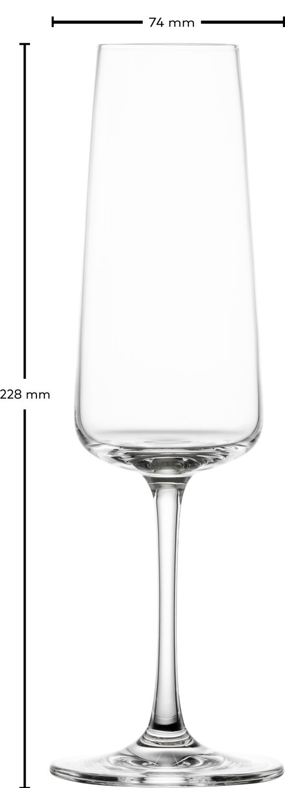 Sektglas in Seitenansicht mit einer Höhe von 228 mm und einem Durchmesser von 74 mm.