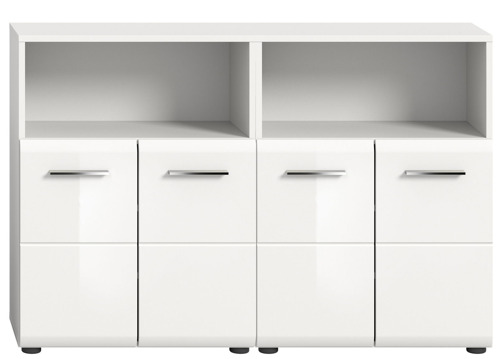 Weiße Badkombination mit zwei offenen Fächern oben und vier Türen unten, Frontansicht.