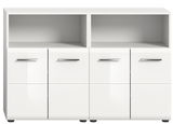 Weiße Badkombination mit zwei offenen Fächern oben und vier Türen unten, Frontansicht.