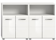 Weiße Badkombination mit zwei offenen Fächern oben und vier Türen unten, Frontansicht.